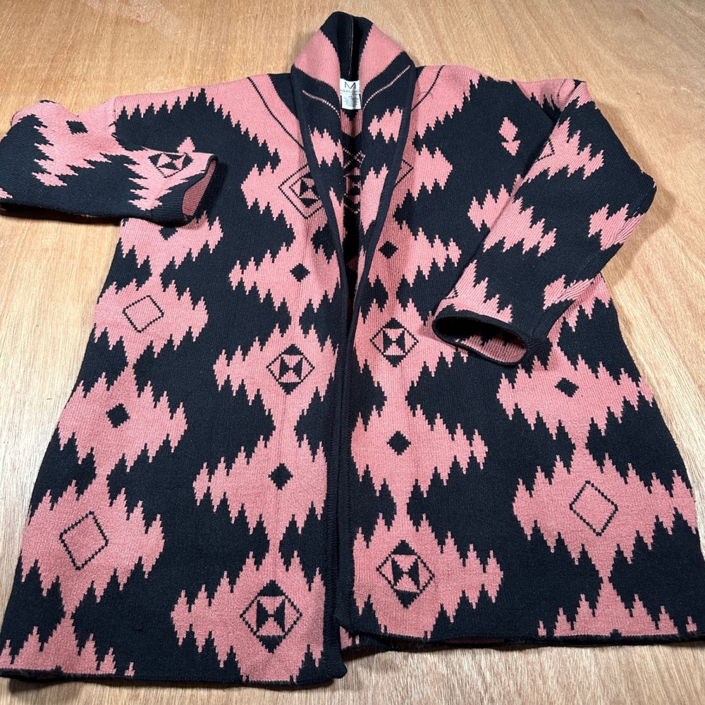 Magaschoni Cardigan Sweater Womens XS Coral Black Southwestern Geometric Open